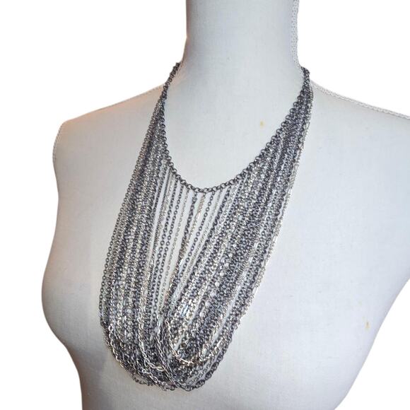 Chico's Statement Necklace Multi Strand Chain Bib Mixed Metal Silver Gunmetal - Picture 3 of 11
